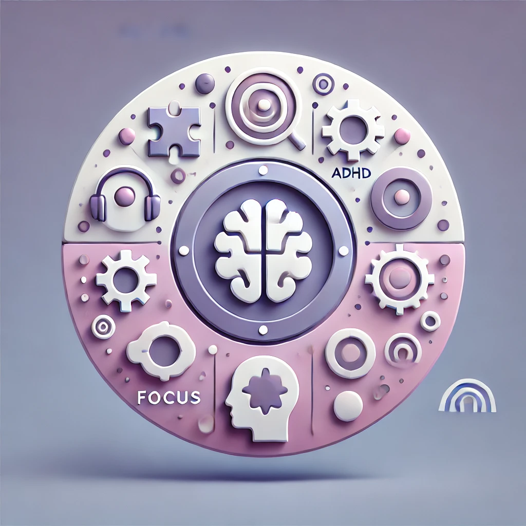 DALL·E 2024-12-16 11.10.50 - A circular design representing Autism and ADHD diagnostic assessments, using light purple and white tones. The image features abstract icons such as a