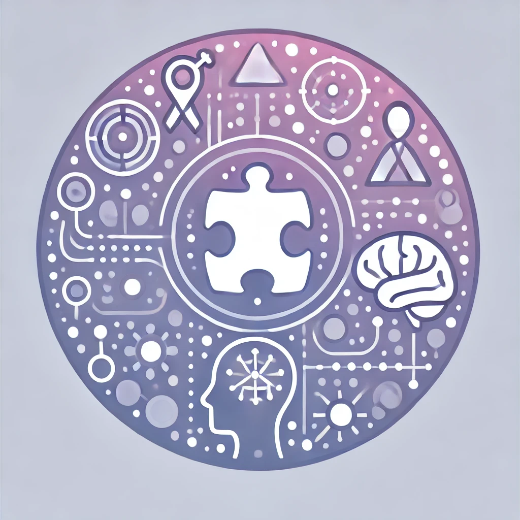 DALL·E 2024-12-16 11.12.59 - A circular design representing Autism diagnostic assessments, using light purple and white tones. The image includes abstract symbols such as a puzzle